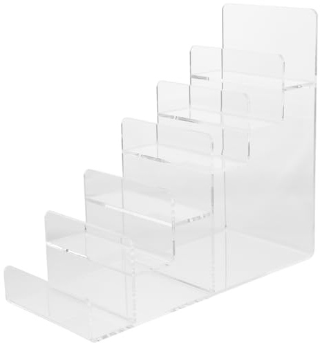 DOITOOL 6 Tier Acrylic Display Stand - Trapezoidal Clear Purse Organiser Shelf for Handbags - No Assembly Tiered Sunglasses Holder Rack - Multi Layer Jewellery Storage Riser for Wallets Makeup