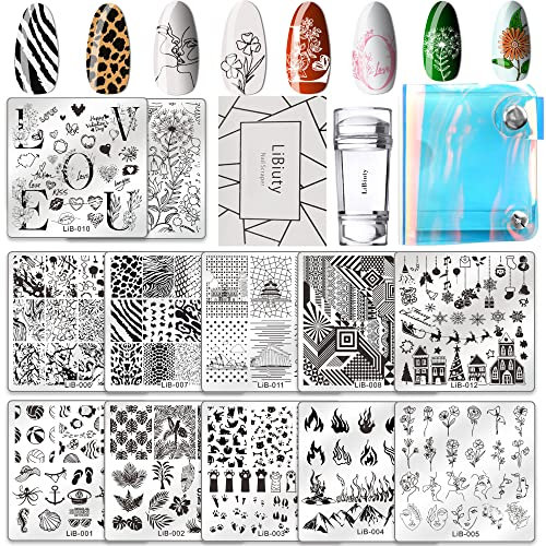 JEEWHEET 12pcs Nail Stamping Templates Plate 1 Scraper 1 Silicone Mail Stamper 1 Transparent Laser Storage Bag, Stamping Plates for Nail Art, Summer Rose Flower Animal Mandala Mermaid Christmas