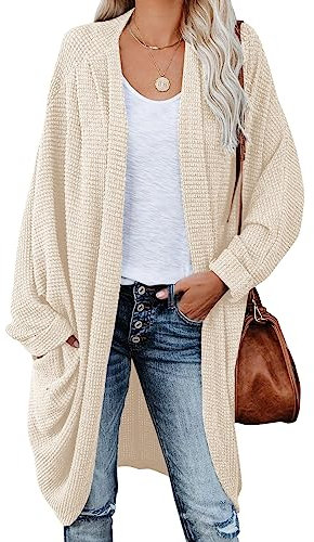 ZoeAce Damen-Strickjacke mit offener Vorderseite, lange Fledermausärmel, übergroßer Pullover, grobes Waffelmuster, Zopfmuster, Boho-Taschen, Beige Weiß, Mittel