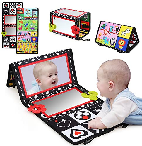 LEADSTAR Baby Spiegel Spielzeug,Faltbarer Baby Bauchlage Spielzeug Sensorisches mit Schwarz Weiß Kontrastmuster,ABC Alphabet Montessori Spielzeug für 0 3 6 12 Monate Jungen Mädchen