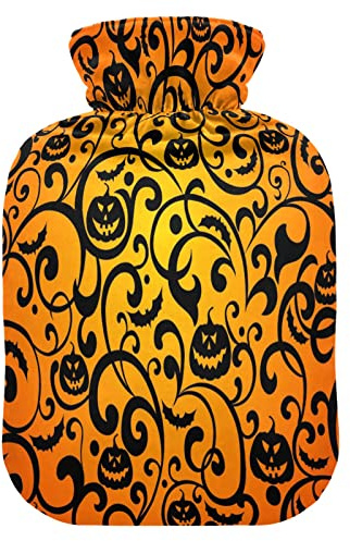Mnsruu Halloween Bat Pumpkin Hot Water Bottle with Velvet Cover, 1L Transparent Hot Water Bag for Hand Pain Relief Hot Cold Therapy Cramps