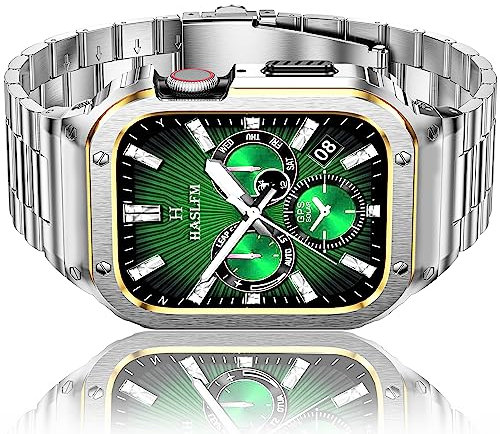 Amznew Cinturino per Apple Watch in acciaio inossidabile con custodia compatibile con Apple Watch 6/5/4/SE (44 mm), robusto cinturino in metallo e custodia protettiva paraurti per uomo, Argento/Oro