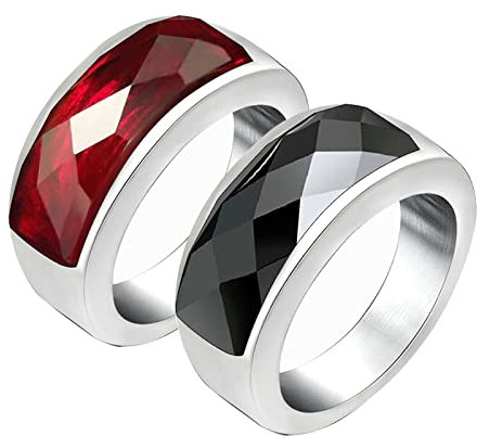 Whoiy Silber Ringe Ehe, Ringe FüR Paare Edelstahl 2 Stück 7.8mm Ring mit Schwarzem und Rotem Zirkonia für Hochzeit Versprechen