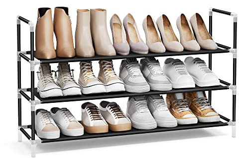 SONGMICS Schuhregal mit 3 Ebenen, Standregal, Schuhaufbewahrung, platzsparend, Metallrahmen, Vliesstoff, für Wohnzimmer, Eingang, Flur und Garderobe, schwarz LSH053B01