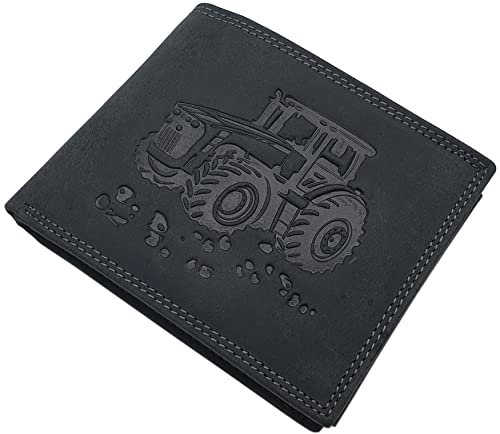 myledershop Portefeuille en cuir véritable de buffle avec motif de tracteur et protection RFID et NFC, Noir , Talla única, Classique