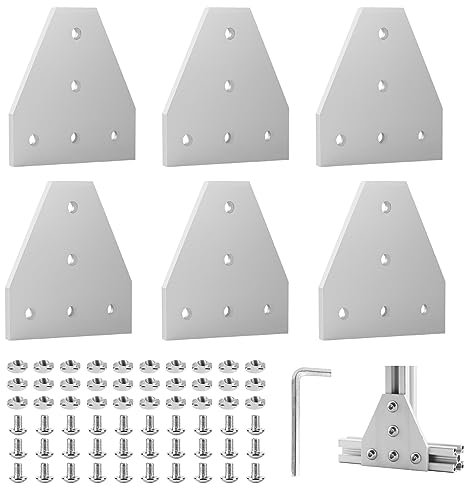 EXLECO 6er Eckhalterung Verbindungsplatte Aluprofil 20X20 Eckhalterungsplatte Eckwinkelplatte Außenprofil T Profil Aluminium mit Muttern Schrauben Schraubenschlüssel für 6mm Schlitz Aluminiumprofil