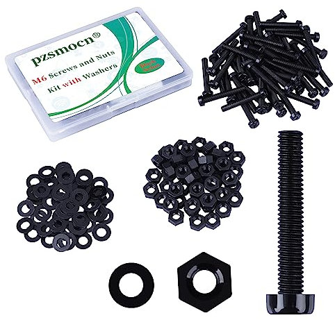 Pzsmocn 150 Stück/50 Sätze M6*40 mm Schwarzes Nylon Kunststoff Kreuzschlitz Rundkopfschrauben-Sechskantmuttern mit Isolierscheibe Standardgröße, für Heimwerker und Elektronische Montage.