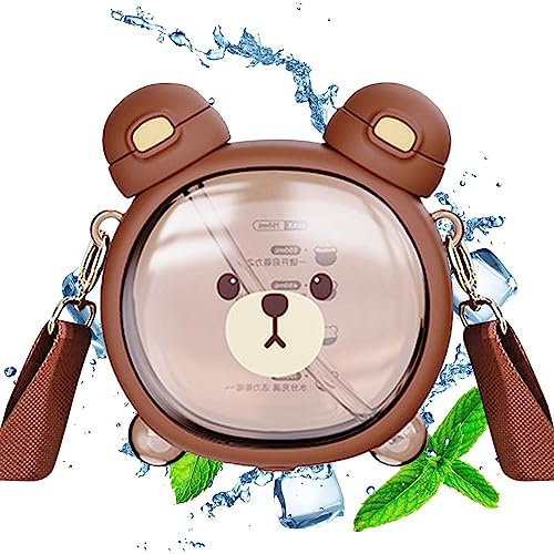 MYJIO Cute Bear Water Bottle, Leak-Proof Kawaii Bear Straw Bottle, Portable Large Capacity Bear Water Bottle with Strap and Straw for Girls School Outdoor Travel Moslate