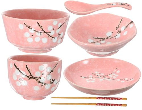 TOPBATHY Ceramic Bowl Sets Japanese Theme Dinnerware Kit Pink Dinner Plates Set