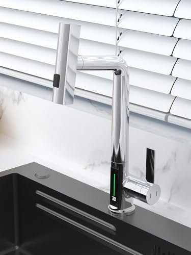 Suprills Kitchen Sink Taps with Pull Out Spray, Multifunction 360 Degree Rotating Faucet, Black Pull Out Basin Mixer Bathroom Taps, Kitchen Mixer Tap with Digital Display and Shower (Chrome)