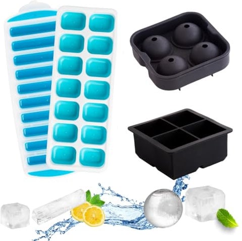 LOELO Ice Cube Tray Set (4 Pack), Silicone Ice Cube Tray, Large Ice Cube Moulds, Ice Ball Mould, Sphere Ice Cube Mould, Whisky, Cocktail & Bottles, Ice Cube Tray with Lid
