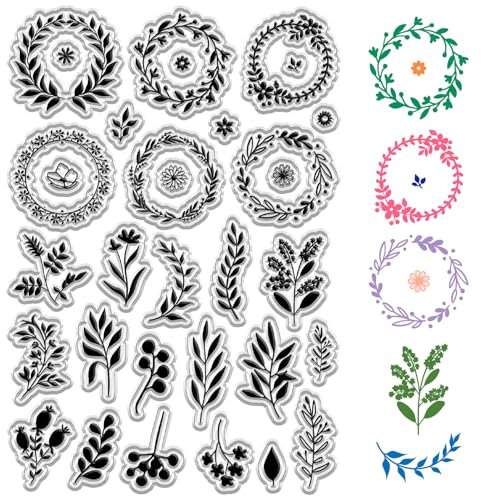 craspire Pflanzen-Klarstempel, Kranz, Blumen, Blätter, Wiederverwendbar, Transparent, Silikon-Stempel, Siegel, Poststempel Für DIY-Scrapbooking, Filmrahmen, Fotoalbum, Dekoratives Journaling