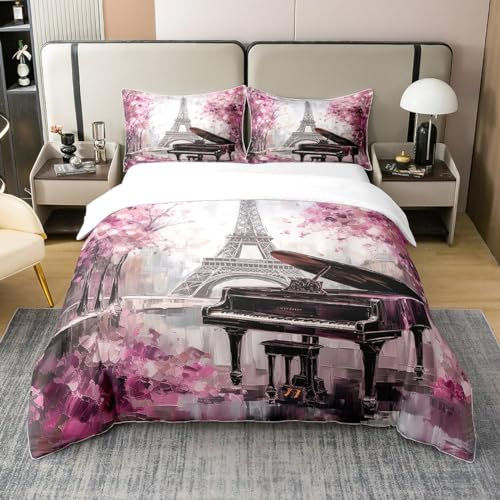 100% Bio-Baumwolle Paar Eiffelturm 135x200 Bettwäsche Set,Rosa Cheerry Blossom Bettbezug,Retro Piano Tröster Abdeckung für Erwachsene Junge Frauen,Paris Cityscape Gedruckt Bett Set