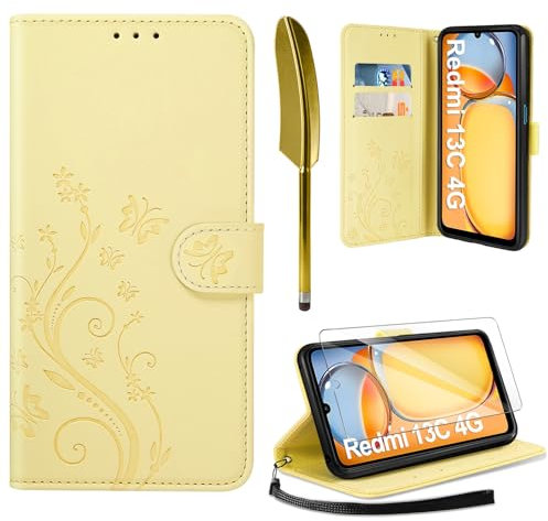 AROYI Lederhülle Kompatibel mit Xiaomi Redmi 13C 4G/5G Hülle und Schutzfolie,Wallet Handyhülle Leder Tasche Kartensteckplätzen Schutzhülle Kompatibel mit Xiaomi Redmi 13C 5G/4G Gelb