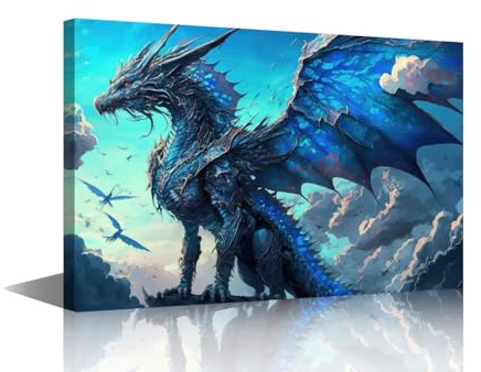 TISHIRON Blauer Drache, Heimdekoration, Wanddrache im Himmel, Poster für Zimmer, ästhetischer Drache, Wanddekoration für Schlafzimmer, Poster, moderne Heimdekoration, gespannt, gerahmt, fertig zum