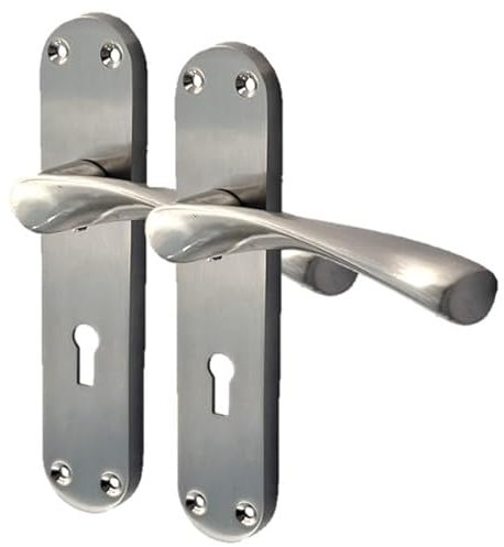 Polished Chrome Twist Door Handle Set,Interior Latch Lever on Long Back Plate with Sash Lock Chrome, Door Handle Latch (Satin Nickel, 1 Pair of Lock Handles)