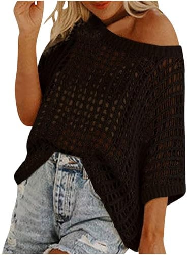 Womens Y2K Crochet Fishnet Long Sleeve Top Off The Shoulder Jumper Going Out Oversized Knitted Cover Up Sweater Lightweight Baggy Hollow Out Pullover Tops Knitwear Summer Black L