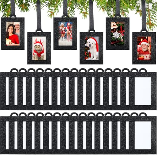 Fullhawl 100 Pcs Christmas Tree Picture Frames Hanging Christmas Picture Frame Ornaments 2x3 Inch Black Photo Frames Mini Glitter Paper Picture Frame with Ribbon for Family Photo Wall Table Decor
