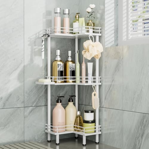 Consumest Organizador de ducha esquinero de pie – Organizador de ducha de acero inoxidable de 3 niveles con soporte para jabón y 4 ganchos, estante de esquina de ducha de gran capacidad para baño,