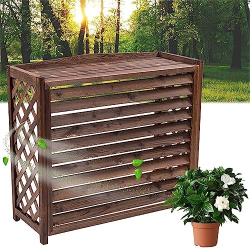 Outdoor Solid Wood Air Conditioner Cover Screen with Shutter Design and Plant Storage Stand 43.3x19.7x33.5 Inches Weatherproof and Durable Stylish Garden Decor