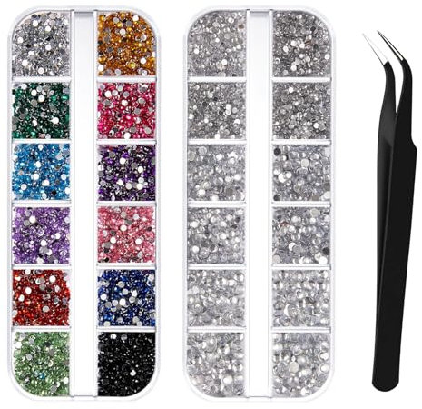3000Pcs Rhinestones, Nail Gems for Nail Art, 3 Sizes Flat Back Gems, Crystals Nail Rhinestone, Nail Art Tools for Crafts with Pick Up Tweezer (White+Multi-colored)