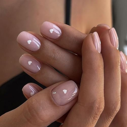 Valentine's Day False Nails - 24pcs Square Short Fake Nails - Love Heart Design Press on Nails - 12 Sizes Cute Pink Stick on Nails - Full Cover Glue on Nails Acrylic Nails for Women Girls Gift