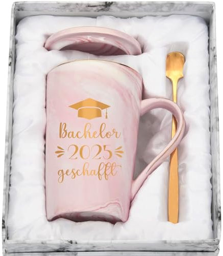 CHUIN DRUCK Bachelor Bestanden Geschenk Tasse Prüfung Bestanden Geschenk Abschluss Geschafft Bachelor 2025 Kaffeetasse Geschenkidee für Bestandene Prüfung Abschluss, 400ml Rosa