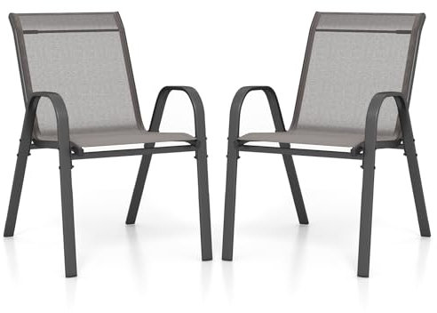 COSTWAY 2er Set Gartenstühle stapelbar, Stapelstühle aus Textilene und Metallgestell, Terrassenstühle mit Armlehnen, Balkonstühle bis 150 kg belastbar, 56 x 70 x 84 cm, Grau