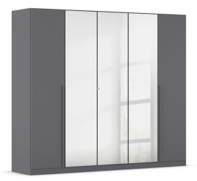 Rauch Möbel Alba, Kleiderschrank, Garderobenschrank 5-türig, mit Spiegel, 4 Kleiderstangen, 5 Einlegeböden und Schubladeneinsatz, Farbe Grau metallic, Schwarz, mit Griffstange, 226x197x54cm