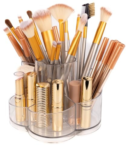 Organizer Trucchi Girevole 360° – Porta Pennelli Make Up, Organizer Rossetti e Matite Trucco, Organizer Cosmetici con 6 Scomparti in Acrilico Trasparente, Ideale per Bagno, Toeletta e Camera da Letto