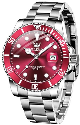 OLEVS Silber Armbanduhr Herren Metallarmband Schicke Analog Kleid Herren Uhren Rote Zifferblatt Modern Wasserdicht Herrenuhren Groß Edelstahl Klassische Leuchtend Quarz Männer Uhr mit Datum Geschenke