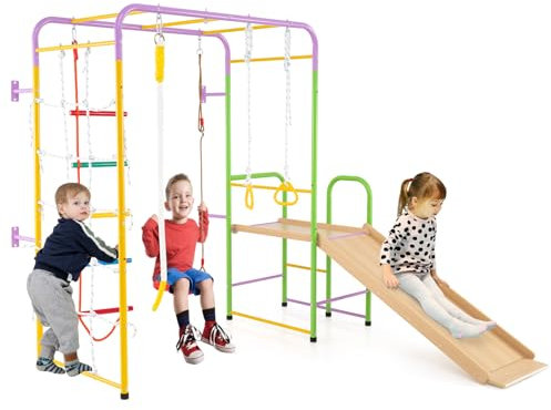 COSTWAY Indoor Jungle Gym, 8 in 1 Metal Kids Climbing Frame with Slide, Swing, Monkey Bars, Rings, Swedish Ladder, Climbing Rope Wall, Toddler Playground Equipment for Boys Girls