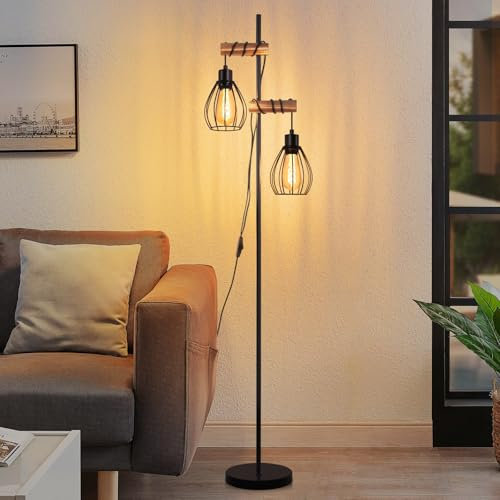 ZMH Stehlampe Wohnzimmer Vintage Stehleuchte Schwarz: Holz Standleuchte Metall Industrial E27 Standlampe 2 flammig mit Käfig Lampenschirm Retro Bettlampe für Schlafzimmer 152CM (ohne Leuchtmittel)