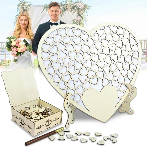Gästebuch Hochzeit Holz, Hochzeitsgästebuch aus Holz mit 101 Holzherzen Herzrahmen, Holzbox & Stift für Hochzeitsfeiern und Geburtstage, Personalisierte Hochzeitsdekoration Dekorativer Herzrahmen
