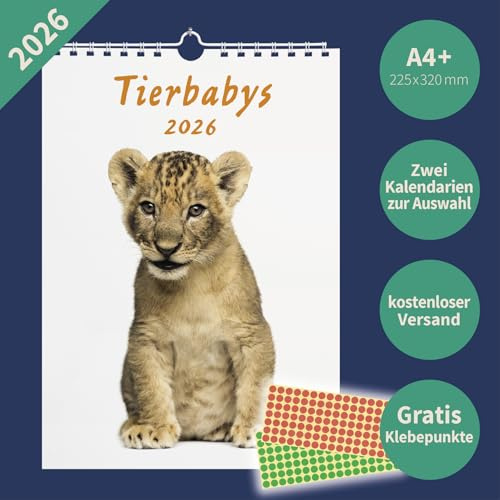 Tierbabys 2026 Wandkalender A4+ – Löwenjunges, Panda, Tiger & mehr – 22,5×32,0 cm – mit Markierungspunkten – Fotokalender Tiere & Natur (Kalendarium 1)