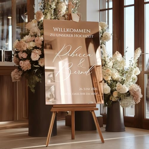 Willkommensschild Hochzeit personalisiert Acrylglas Spiegel Gold Hochglanz – elegante Deko für Empfang, Party & Events – Made in Germany