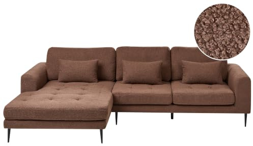 Beliani 3-Sitzer Ecksofa Bouclé braun L-Form rechts mit Kissen schwarzen Metallfüßen Flam