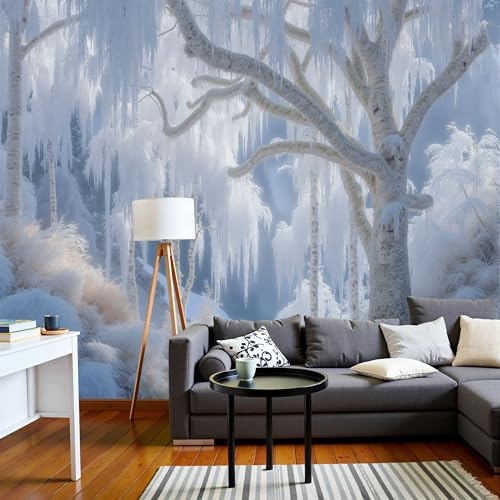 DACRWEKZ 3D Panoramic Wallpaper Mural, Photo Wallpapers Murals, Winter Fantasy Style White Birch Tree Photo Wallpaper 3D Effect, Light Blue Wallpapers Mural - Poster for Bedroom Living Room Corridor