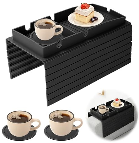 SHILIPAIJC Sofa Arm Tray Table, Silicone Couch Cup Holder Armchair Tray Armrest Tray with Cup Mats, Anti-Slip Sofa Drink Holder Sofa Armrest Organiser for Cup, Remote Control, Phone, Snack(Black)