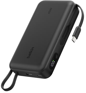Belkin UltraCharge 20000mAh Power Bank, USB-C-Kabel und Anzeige – Schwarz | 20K Powerbank, bis zu 3 Geräte Laden (1 USB-C-Port + Kabel, 1 USB-A-Port), 45W, Geeignet für Flugreisen, Bereits Aufgeladen