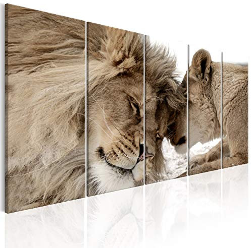 decomonkey Bilder Löwe 225x90 cm 5 Teilig Leinwandbilder Bild auf Leinwand Wandbild Kunstdruck Wanddeko Wand Wohnzimmer Wanddekoration Deko Tiere Afrika Katze braun beige