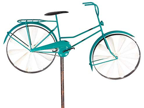 CIM GIROUETTE Metallique - Bicycle Turquoise – résiste aux intempéries – Effet Antique – Roues: Ø18cm, Motif: 51x32cm, Hauteur Totale: 160cm – Très Belle décoration de Jardin
