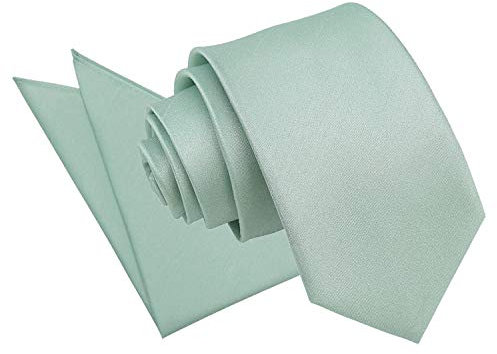 DQT Plain Shantung Wedding Modern Style Neck Tie & Pocket Square Set for Men - Dusty Green