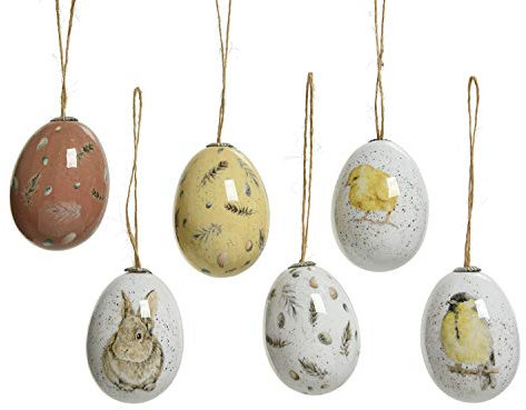 Decoris Ostereier zum Aufhängen 6cm x 6 Stück Kunststoff mit Tieren Federn und Eier Muster Hängedeko Osterdeko