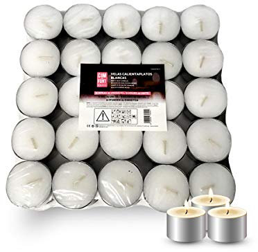 COM-FORT HOUSE | Bougies blanches | Lot de bougies de 25, 50, 100, 200, 400 unités | Bougies chauffe-plat | Photophore | Durée de 4/8 heures | Bougies décoratives non parfumées