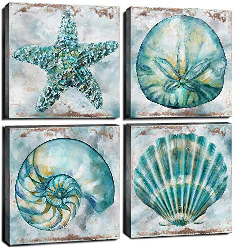 Decoración de baño con conchas marinas, color verde azulado, aguamarina, playa, estrella de mar, arte moderno y rústico para paredes, conchas de mar, impresiones en lienzo, cocina, dormitorio, playa