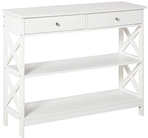 HOMCOM Konsolentisch Beistelltisch mit Schublade und 2-stufigen Ablagefächern MDF-Platte und X-Rahmen Anti-Kipp-Design für Wohnzimmer und Eingangsbereich Weiß 100 x 30,5 x 80 cm