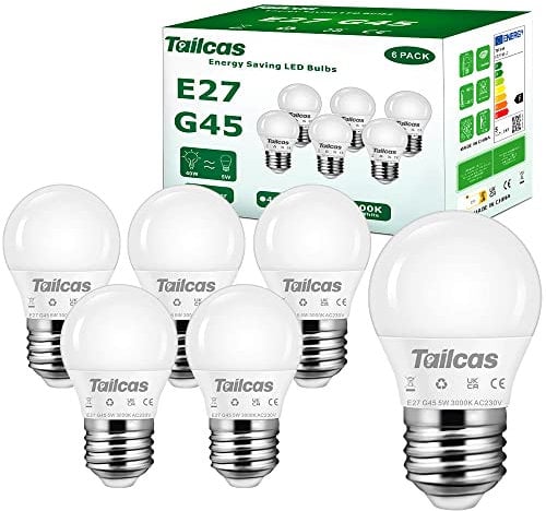 Tailcas E27 Screw Bulb 40W Equivalent, 5W ES LED Bulb Warm White 3000K, 450LM Small Edison Screw in Light Bulbs, Non Dimmable, G45 Golf Ball Energy Saving Light Bulb for Home Lamp, 6 Pack
