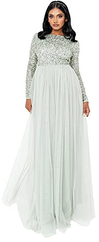 Maya Deluxe Women's Maya Embellished Long Sleeve Maxi Dress Bridesmaid, Green Lily, 22