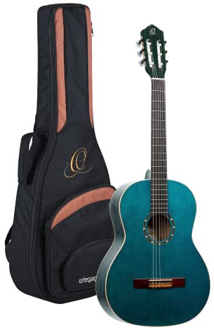 Ortega Guitars 4/4 Konzert Gitarre – Slim Neck – Family Series – Inklusive Gig Bag – Fichte, Mahagoni, Blau (R121SNOC)